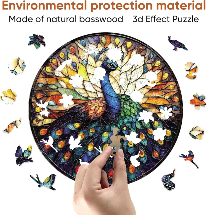 Qiuenisray Wooden Puzzles for Adults, Stained Glass Peacock Jigsaw Puzzles
