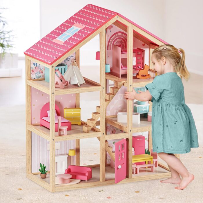 Tiny Land Wooden Dollhouse for Girls - 6 Rooms Wooden Doll House